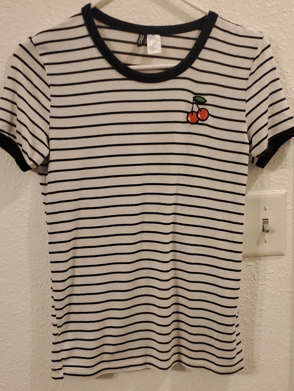 Divided White & Black Striped Tee with Cherry Patch